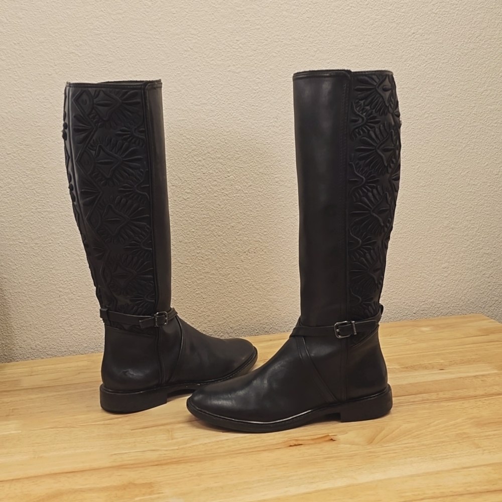 GIANNI BINI Black Leather Embroidered Knee High BOOTS